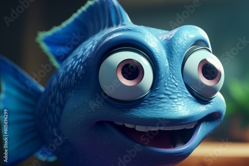 Illustration of a smiling blue fish in cartoon style. Generative AI