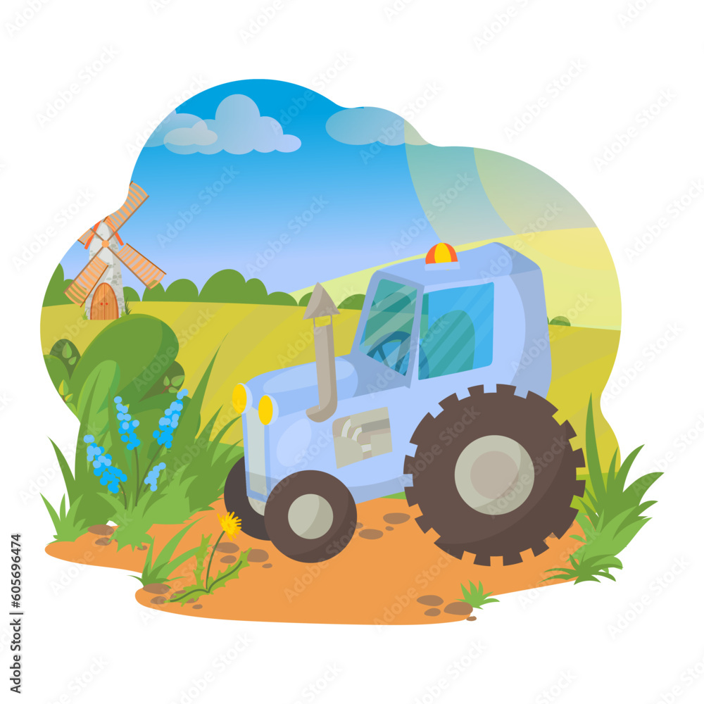 Blue tractor on the background of nature. Farm equipment. Village. Farm. Vector illustration on a white background.