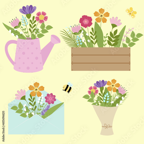Bouquet of different flowers in a watering can, envelope, bouquet and seedling box. Cute floral illustration for postcards isolated on white background.