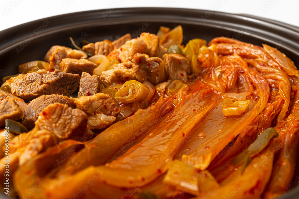 Pork aged kimchi steamed dish on white background Pork aged kimchi steamed dish on white background