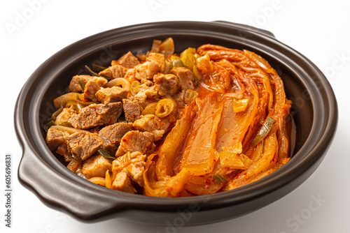 Pork aged kimchi steamed dish on white background photo