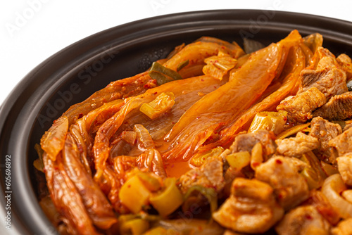 Pork aged kimchi steamed dish on white background photo