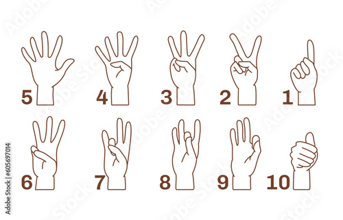 Vector numbers in sign language one to ten outline