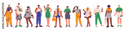 Men, women stand in fashion outfit, casual summer clothes set. Young trendy people wear stylish apparel, urban looks with dress, shorts. Flat graphic vector illustrations isolated on white background