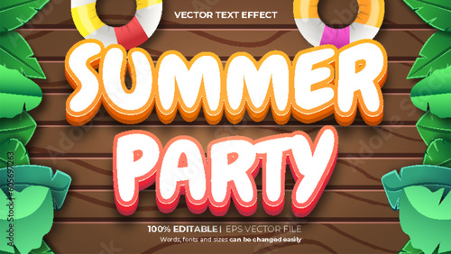 Vector summer party editable text effect 3d style on wood background