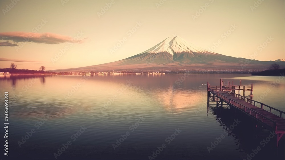 Fototapeta premium Mount fuji san at Lake kawaguchiko in japan on sunrise. vintage tone generative ai