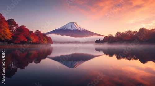 Colorful Autumn Season and Mountain Fuji with morning fog and red leaves at lake Kawaguchiko is one of the best places in Japan generative ai