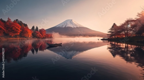Colorful Autumn Season and Mountain Fuji with morning fog and red leaves at lake Kawaguchiko is one of the best places in Japan generative ai
