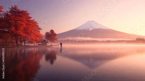 Colorful Autumn Season and Mountain Fuji with morning fog and red leaves at lake Kawaguchiko is one of the best places in Japan generative ai