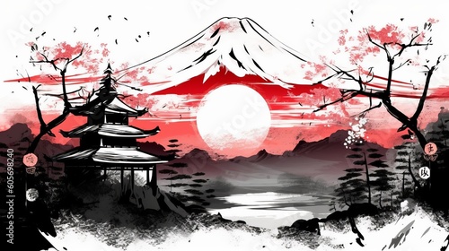 Japan traditional sumi-e painting. Fuji mountain, sakura, sunset. Japan sun. Indian ink illustration. Japanese picture. generative ai