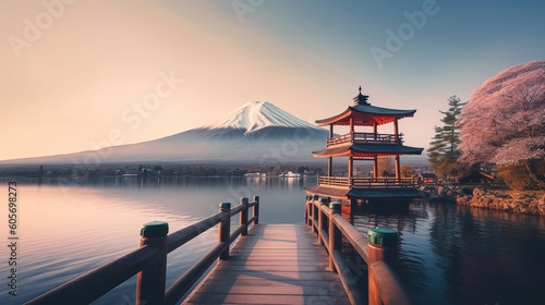 Mount fuji san at Lake kawaguchiko in japan on sunrise. vintage tone generative ai