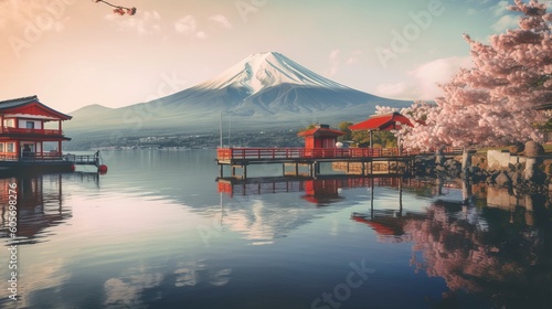 Mount fuji san at Lake kawaguchiko in japan on sunrise. vintage tone generative ai © Chingiz