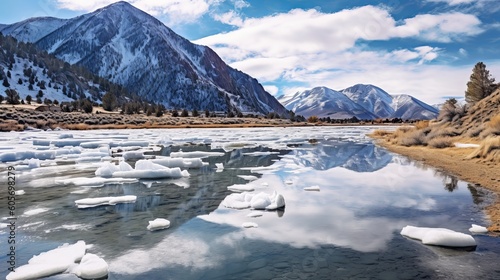 Landscape of a partially frozen june lake generative ai