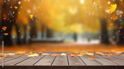 Herbstlicher Hintergrund mit Bokeh Hintergrund und fallendem Herbstlaub, Produktpräsentation und Platz für Text, Generative AI