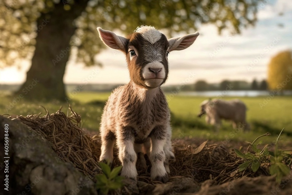 Obraz premium Little goat in the countryside. Goatling on the background of nature. Generated by AI 
