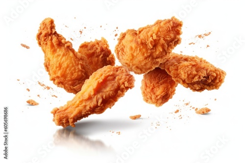 Crispy Delights: Floating Fried Chicken in the Air on White Background, generative ai