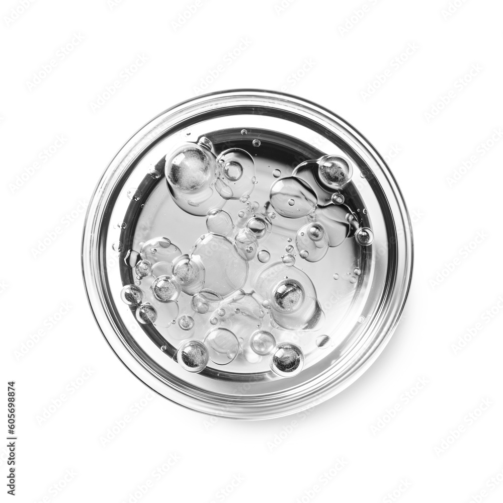 Petri dish with cosmetic or medical liquid and research transparent chemistry glassware Petri dish with cosmetic or medical liquid and research transparent chemistry glassware