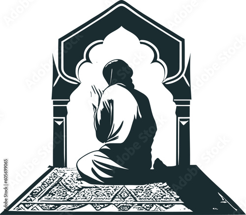 This vector image depicts a serene and reverential scene of Muslim prayer, also known as namaz or salah. The image showcases a beautifully designed mosque with intricate architectural details in the b