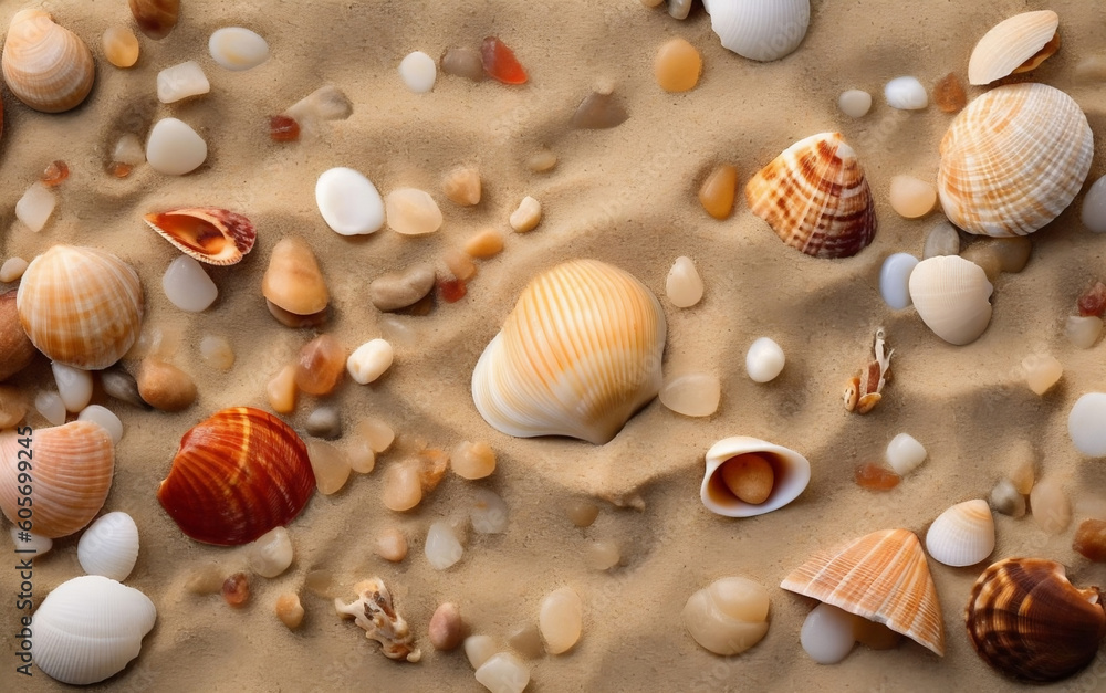 Seashells on the sandy beach, Generative AI
