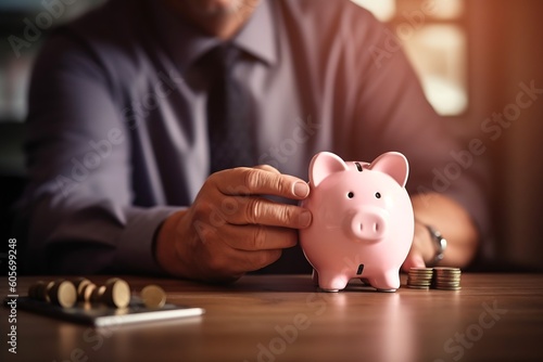 AI generated: Man Holding a Pink Piggy Bank at a Desk with Back Button Focus
