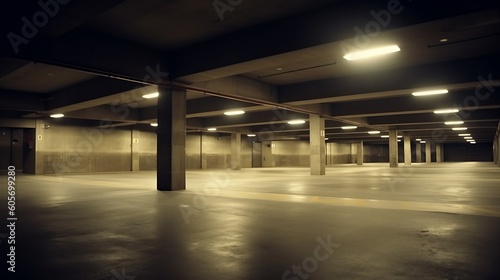 AI generated: Luxurious Photorealistic Parking Garage with Yellow Arrows and Realistic Lighting