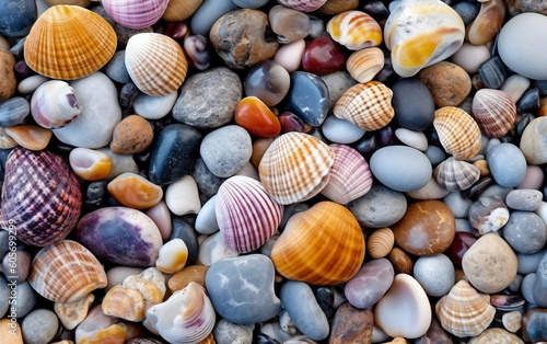 Mix of beach gemstones and shells, close-up. Natural material for craft. Generative AI