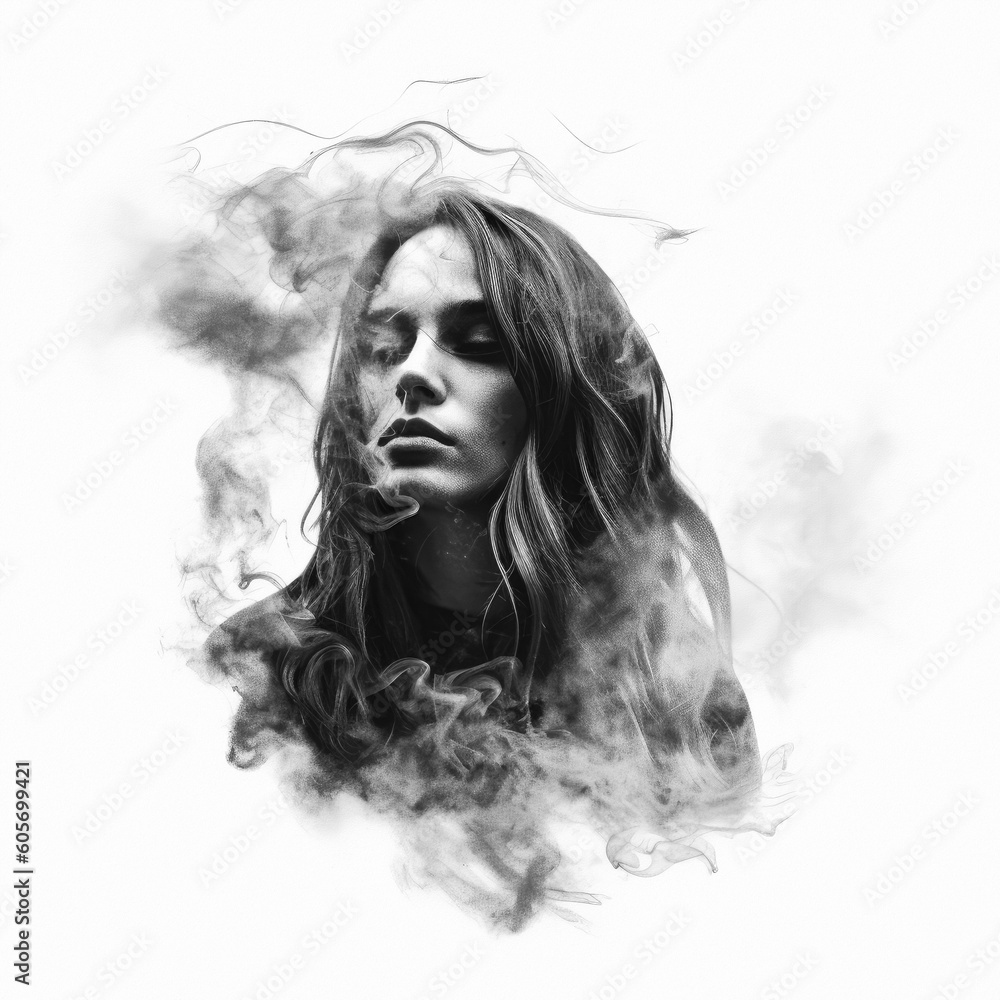 Fototapeta premium Double Exposure style image of a woman surrounded by dark smoke, portrait on a blank background