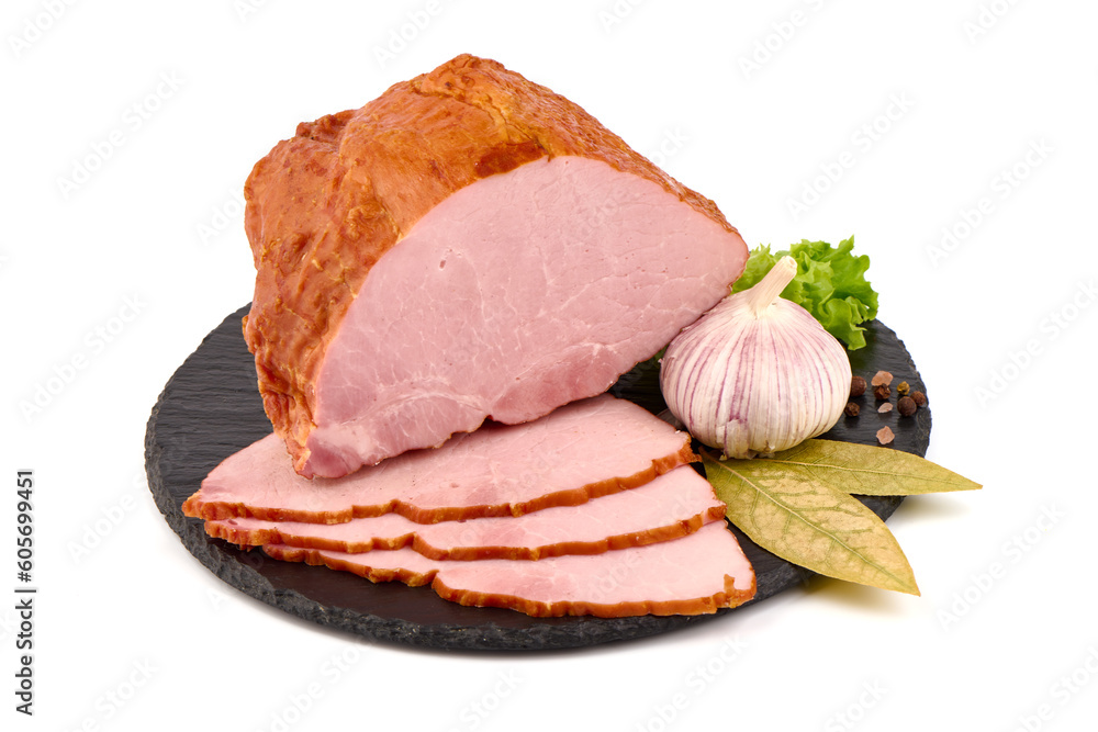 Cold smoked meat with slices, isolated on white background. Cold smoked meat with slices, isolated on white background.