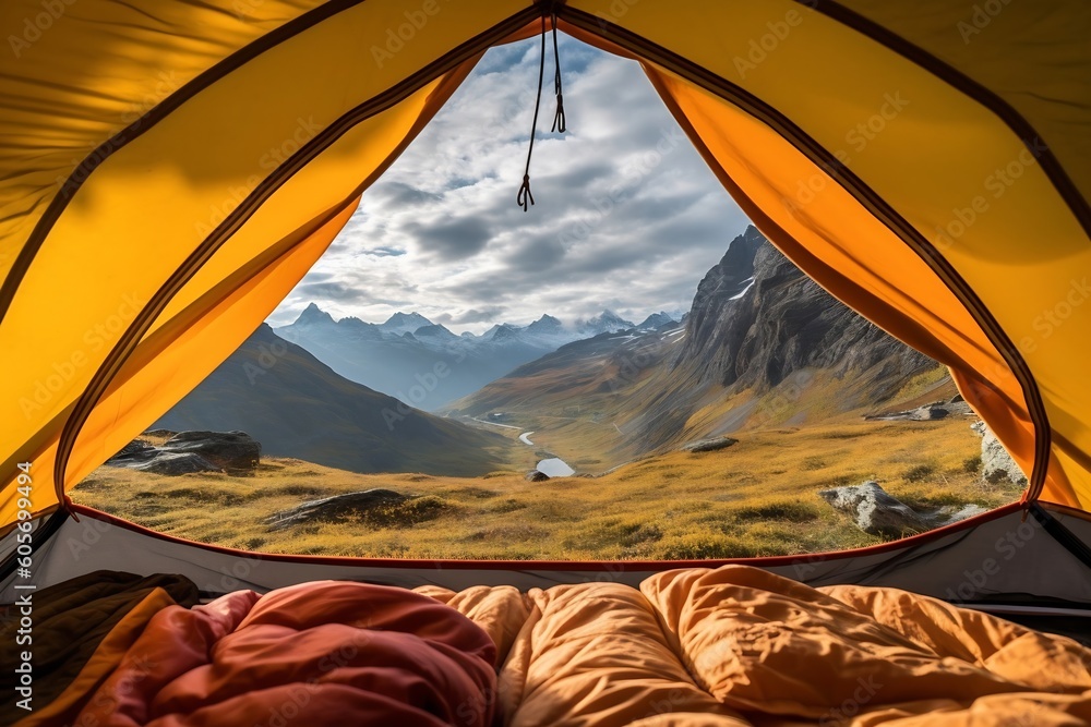 AI generated: Happy Summer Camping in Bright Colors with Tent, Sleeping Bag, and Grill