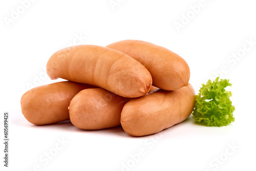 Fresh boiled sausages with lettuce, close-up, isolated on white background.