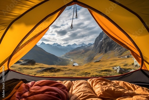 AI generated: Happy Summer Camping in Bright Colors with Tent, Sleeping Bag, and Grill