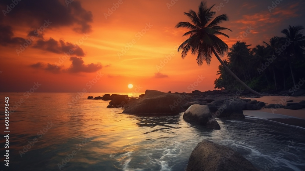 Sunset over the coast with palm trees and stones
