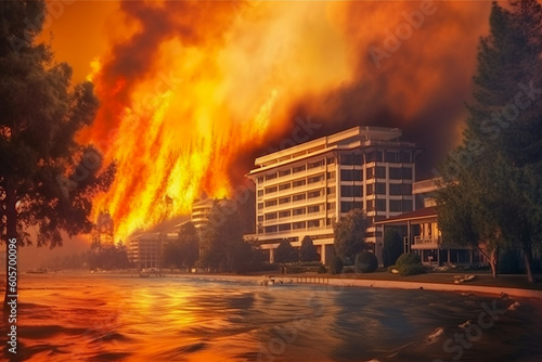 Forest fire, view from the beach. A holiday resort on fire. The problem of drought, global warming and fires. Ai illustration, fantasy digital painting, Generative AI