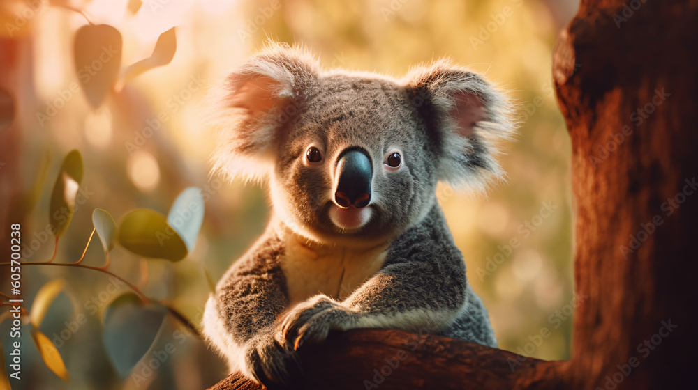 Beautiful close-up of a cute koala hanging on a Eucalyptus tree, made with generative AI Beautiful close-up of a cute koala hanging on a Eucalyptus tree, made with generative AI