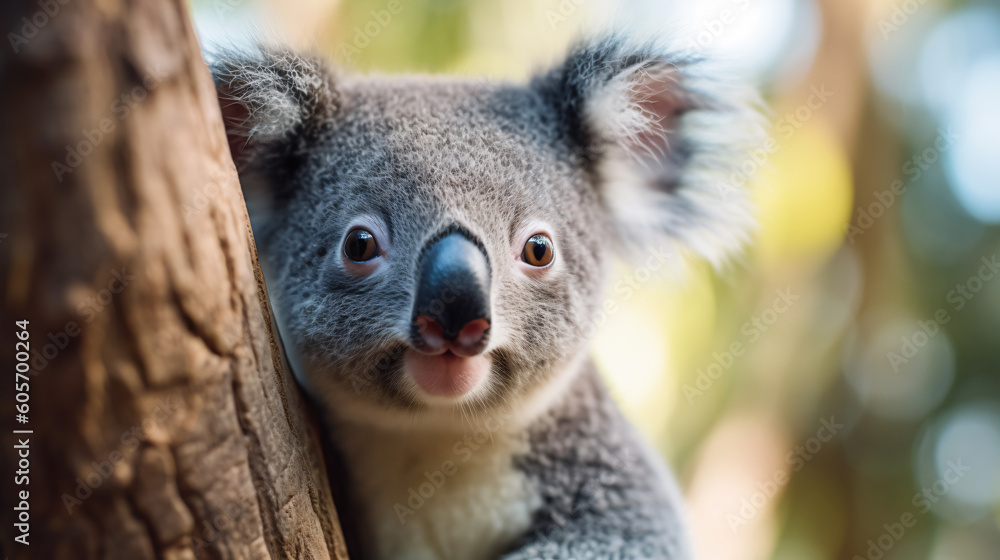 Naklejka premium Beautiful close-up of a cute koala hanging on a Eucalyptus tree, made with generative AI