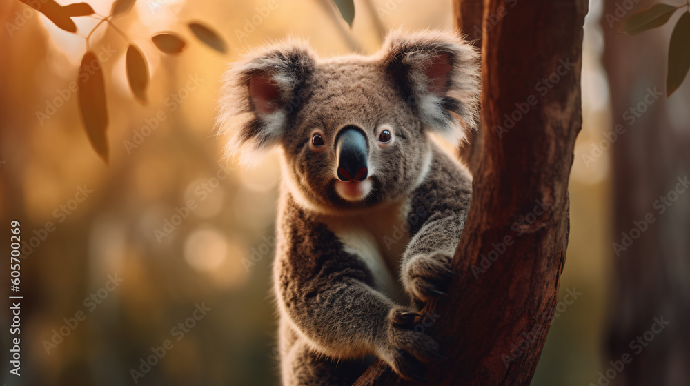 Fototapeta premium Beautiful close-up of a cute koala hanging on a Eucalyptus tree, made with generative AI