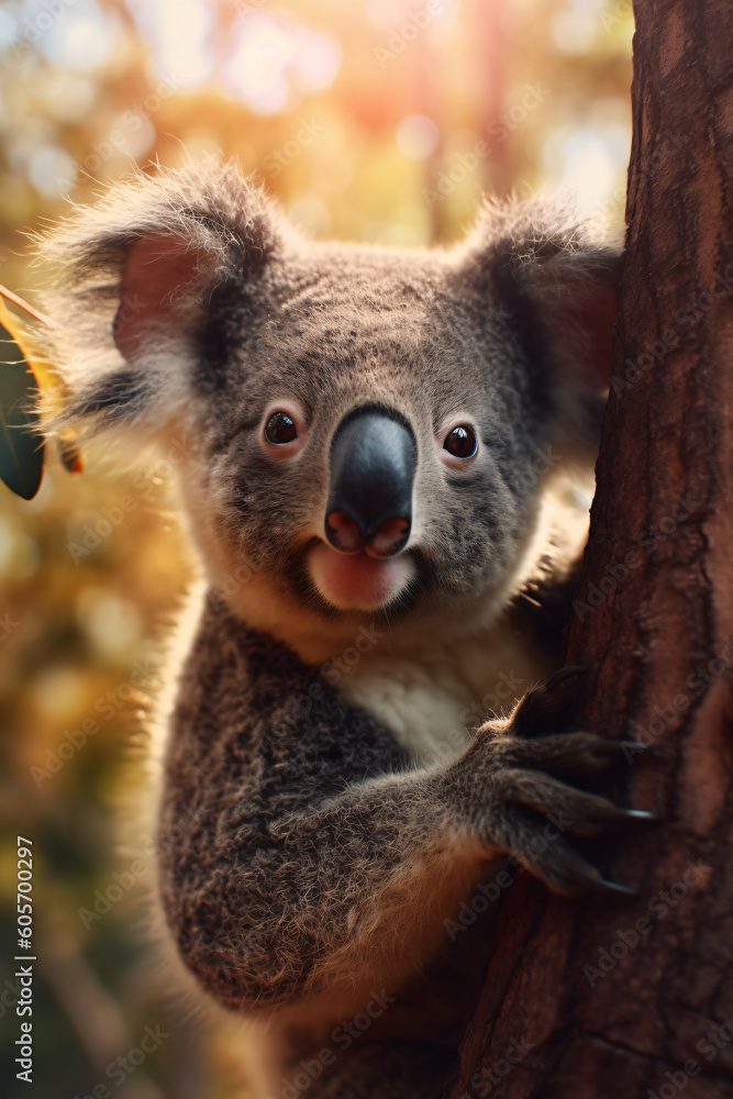 Beautiful close-up of a cute koala hanging on a Eucalyptus tree, made with generative AI Beautiful close-up of a cute koala hanging on a Eucalyptus tree, made with generative AI