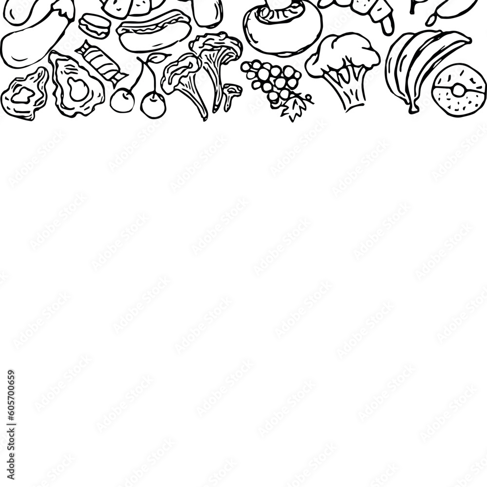Drawn food background. Doodle food illustration with place for text