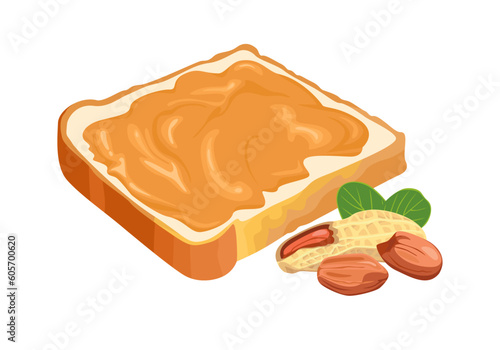 Peanut butter on toast bread and nuts isolated on white. Vector illustration of sandwich in cartoon flat style.