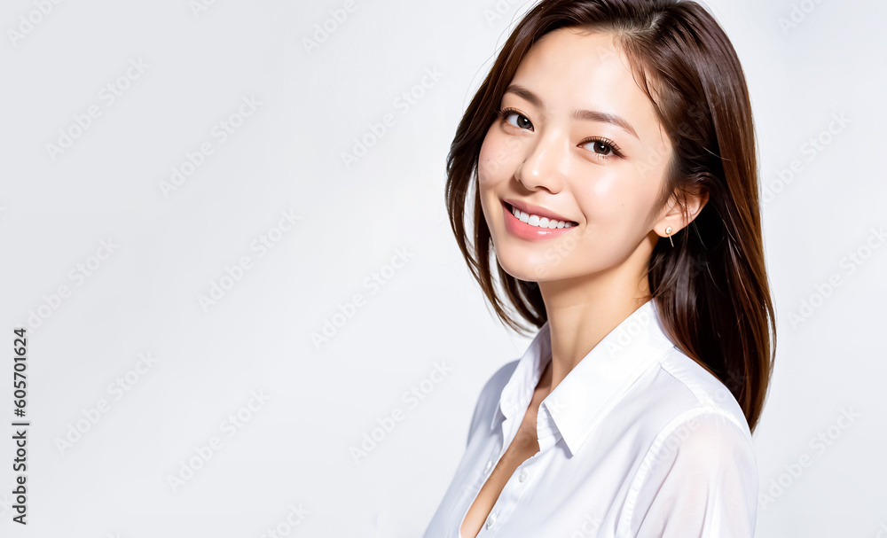 A charming Asian girl with a friendly demeanor dons a white shirt as she looks directly at the camera, her warm smile radiating joy and positivity. generative AI. A charming Asian girl with a friendly demeanor dons a white shirt as she looks directly at the camera, her warm smile radiating joy and positivity. generative AI.