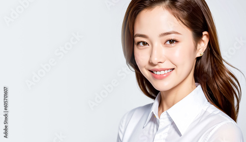 A charming Asian girl with a friendly demeanor dons a white shirt as she looks directly at the camera, her warm smile radiating joy and positivity. generative AI. Free Download A charming Asian girl with a friendly demeanor dons a white shirt as she looks directly at the camera, her warm smile radiating joy and positivity. generative AI. - GFXLoad