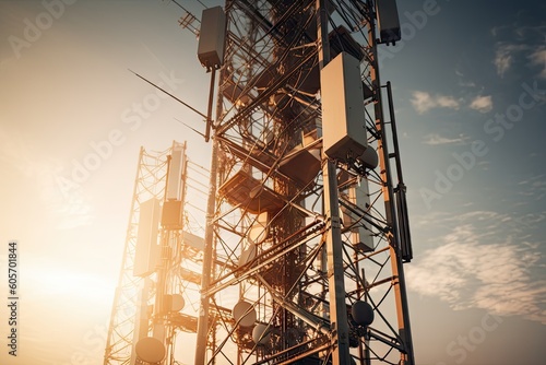 close-up of 5g network tower, with cables and antennas connecting to devices, created with generative ai photo