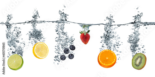 Fototapeta Naklejka Na Ścianę i Meble -  Lemon, Lime, Orange, Strawberry, Blue Berries and Kiwi fruit falling into clear water with bubble triails