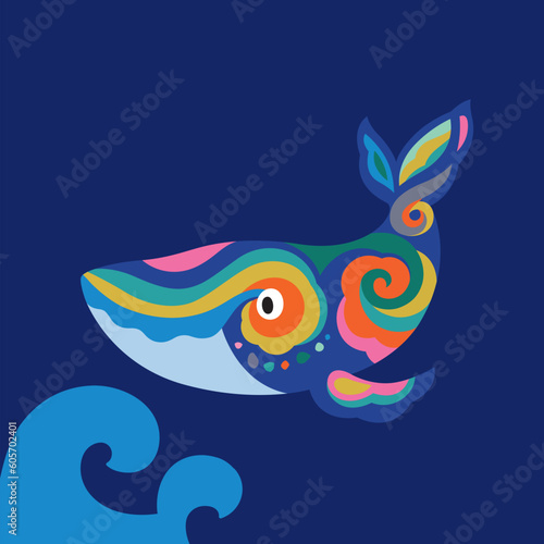 Cute tribal whale illustration. Vector