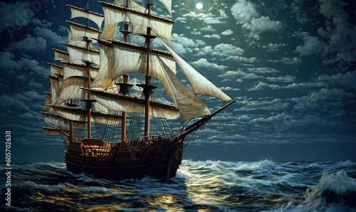 beautiful landscape with a ship at night twilight