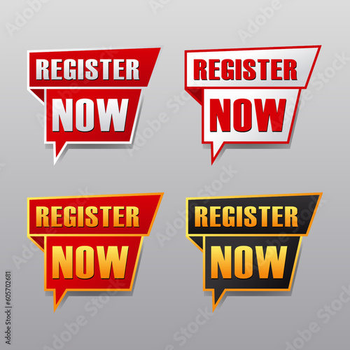 label sticker for promo that says register now in black gold red and white colors for poster, web