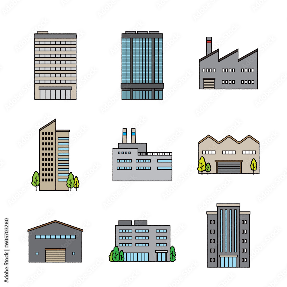 シンプルな街の建物のイラストセット シンプルな街の建物のイラストセット