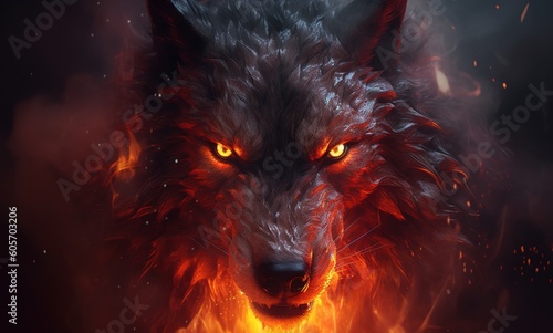 portrait of a wolf in anger the mouth of a wolf, fiery background photo