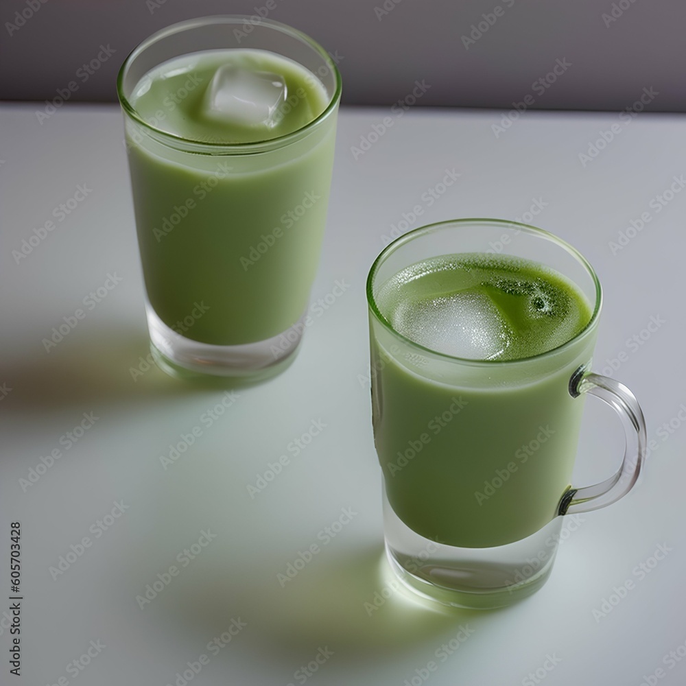 Iced green tea mixed with ice cube and milk in white latte glass. - generative ai
Iced green tea mixed with ice cube and milk in white latte glass. - generative ai