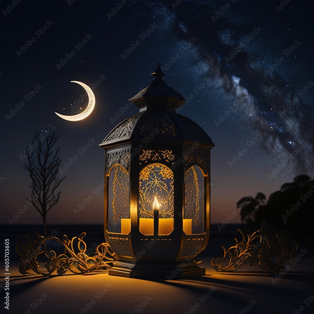 nighttime scene of a lantern with a crescent and a star in the sky